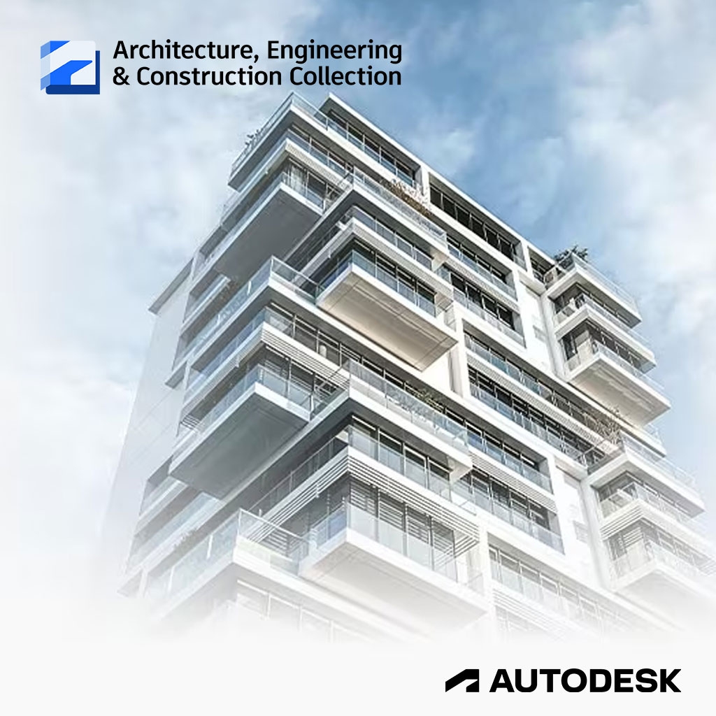 Modern glass-and-concrete building with stacked balconies; AEC Collection branding in the top-left and Autodesk logo bottom-right.